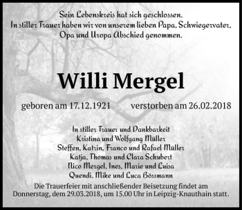 Traueranzeige von Willi Mergel  von Magdeburger Volksstimme