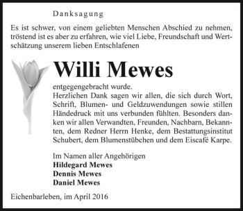 Traueranzeige von Willi Mewes  von Magdeburger Volksstimme