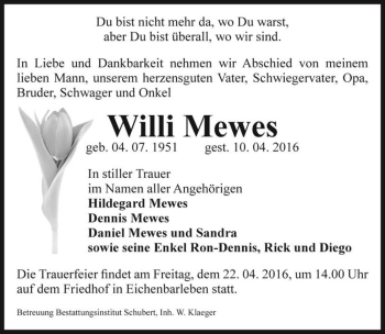 Traueranzeige von Willi Mewes  von Magdeburger Volksstimme