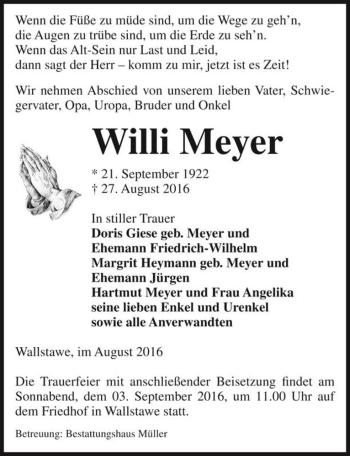 Traueranzeige von Willi Meyer  von Magdeburger Volksstimme