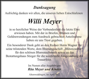 Traueranzeige von Willi Meyer  von Magdeburger Volksstimme