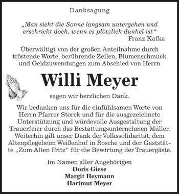 Traueranzeige von Willi Meyer  von Magdeburger Volksstimme