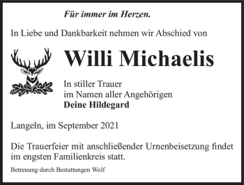 Traueranzeige von Willi Michaelis  von Magdeburger Volksstimme