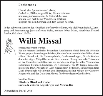 Traueranzeige von Willi Missal  von Magdeburger Volksstimme