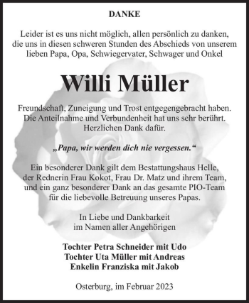 Traueranzeige von Willi Müller  von Magdeburger Volksstimme