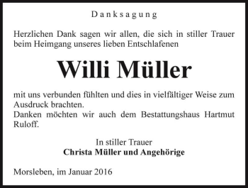 Traueranzeige von Willi Müller  von Magdeburger Volksstimme