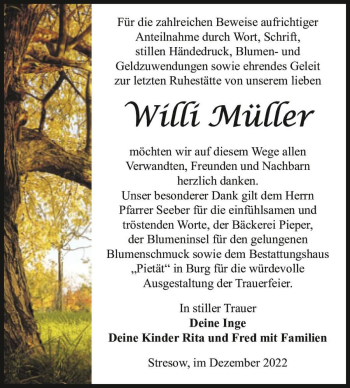 Traueranzeige von Willi Müller  von Magdeburger Volksstimme