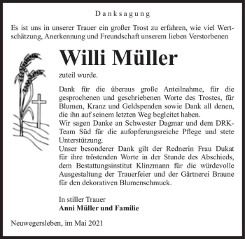 Traueranzeige von Willi Müller  von Magdeburger Volksstimme