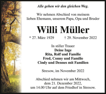 Traueranzeige von Willi Müller  von Magdeburger Volksstimme