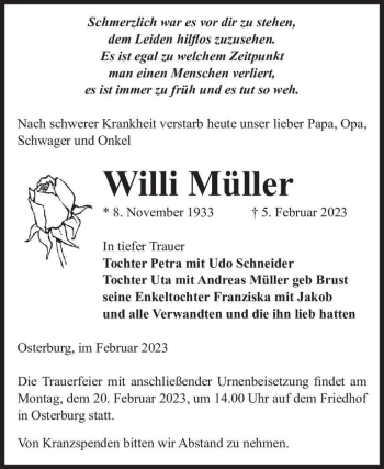 Traueranzeige von Willi Müller  von Magdeburger Volksstimme