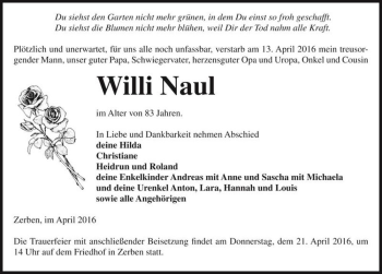 Traueranzeige von Willi Naul  von Magdeburger Volksstimme