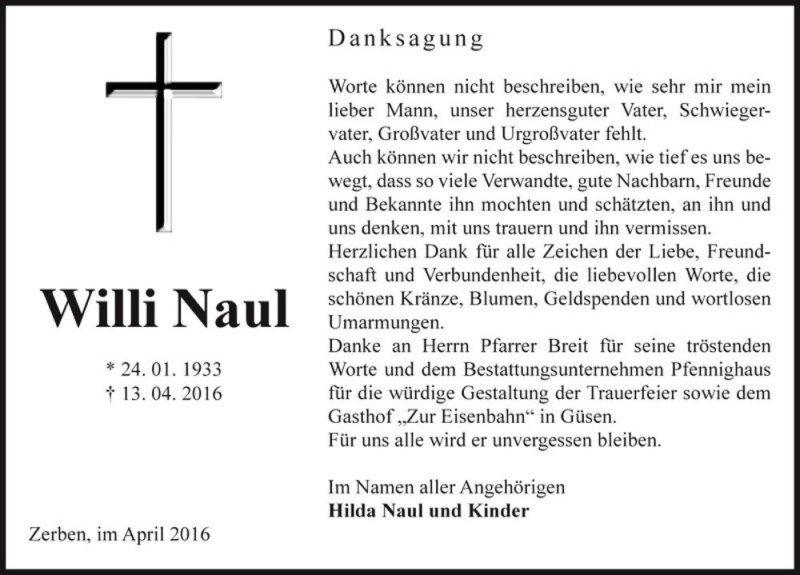  Traueranzeige für Willi Naul  vom 30.04.2016 aus Magdeburger Volksstimme