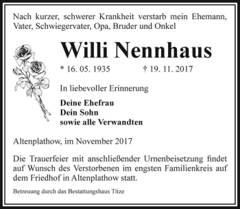 Traueranzeige von Willi Nennhaus  von Magdeburger Volksstimme