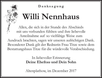 Traueranzeige von Willi Nennhaus  von Magdeburger Volksstimme