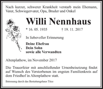 Traueranzeige von Willi Nennhaus  von Magdeburger Volksstimme