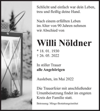 Traueranzeige von Willi Nöldner  von Magdeburger Volksstimme