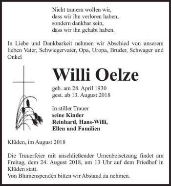 Traueranzeige von Willi Oelze  von Magdeburger Volksstimme