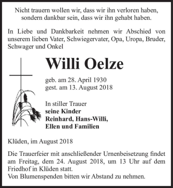 Traueranzeige von Willi Oelze  von Magdeburger Volksstimme