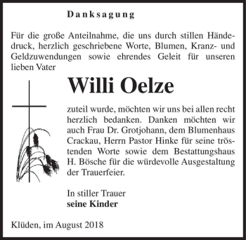 Traueranzeige von Willi Oelze  von Magdeburger Volksstimme