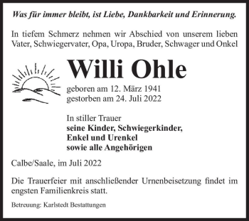 Traueranzeige von Willi Ohle  von Magdeburger Volksstimme