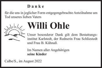 Traueranzeige von Willi Ohle  von Magdeburger Volksstimme