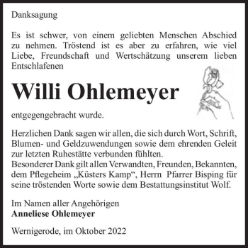 Traueranzeige von Willi Ohlemeyer  von Magdeburger Volksstimme