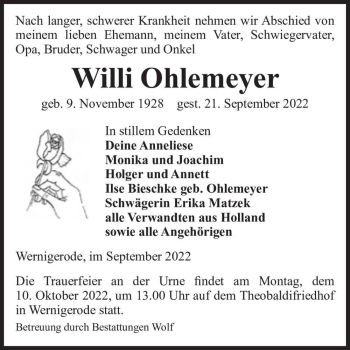 Traueranzeige von Willi Ohlemeyer  von Magdeburger Volksstimme