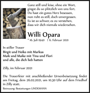 Traueranzeige von Willi Opara  von Magdeburger Volksstimme