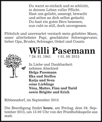 Traueranzeige von Willi Pasemann  von Magdeburger Volksstimme