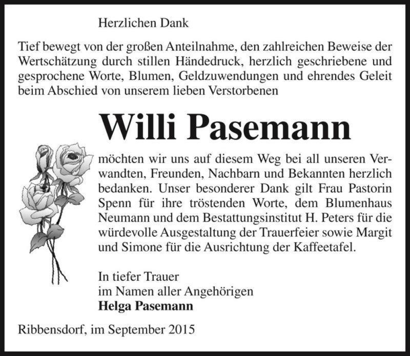  Traueranzeige für Willi Pasemann  vom 19.09.2015 aus Magdeburger Volksstimme