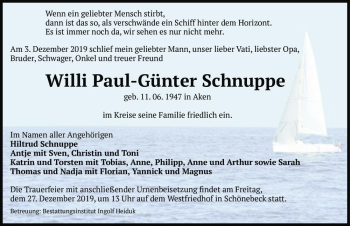 Traueranzeige von Willi Paul-Günter Schnuppe  von Magdeburger Volksstimme