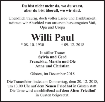 Traueranzeige von Willi Paul  von Magdeburger Volksstimme