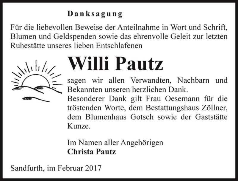  Traueranzeige für Willi Pautz  vom 18.02.2017 aus Magdeburger Volksstimme