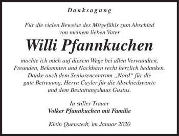Traueranzeige von Willi Pfannkuchen  von Magdeburger Volksstimme