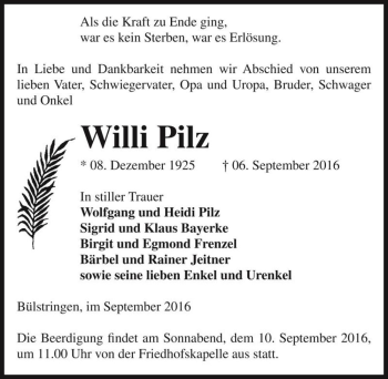 Traueranzeige von Willi Pilz  von Magdeburger Volksstimme