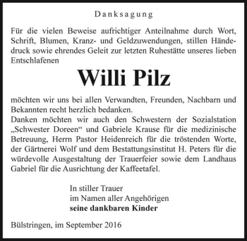 Traueranzeige von Willi Pilz  von Magdeburger Volksstimme
