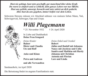 Traueranzeige von Willi Plagemann  von Magdeburger Volksstimme