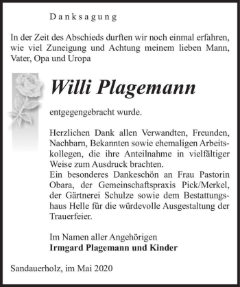 Traueranzeige von Willi Plagemann  von Magdeburger Volksstimme