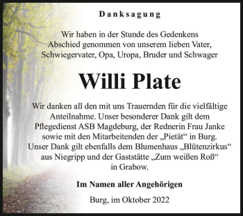Traueranzeige von Willi Plate  von Magdeburger Volksstimme
