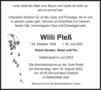 Traueranzeige von Willi Pleß  von Magdeburger Volksstimme