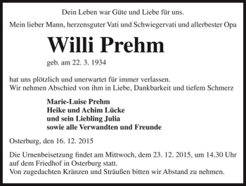 Traueranzeige von Willi Prehm  von Magdeburger Volksstimme