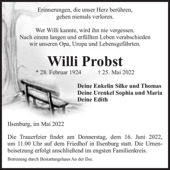 Traueranzeige von Willi Probst  von Magdeburger Volksstimme