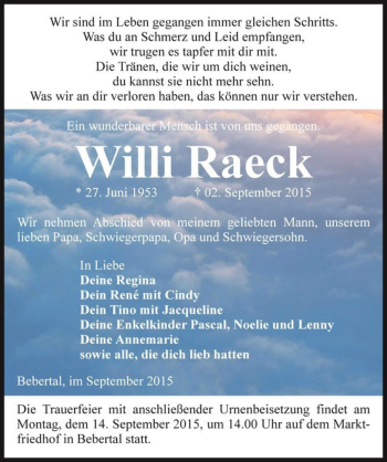 Traueranzeige von Willi Raeck  von Magdeburger Volksstimme