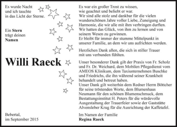 Traueranzeige von Willi Raeck  von Magdeburger Volksstimme