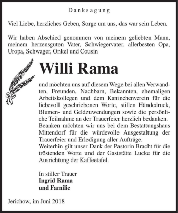 Traueranzeige von Willi Rama  von Magdeburger Volksstimme