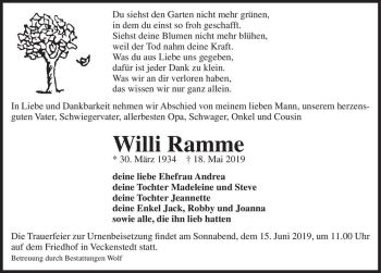 Traueranzeige von Willi Ramme  von Magdeburger Volksstimme