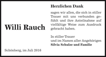 Traueranzeige von Willi Rauch  von Magdeburger Volksstimme