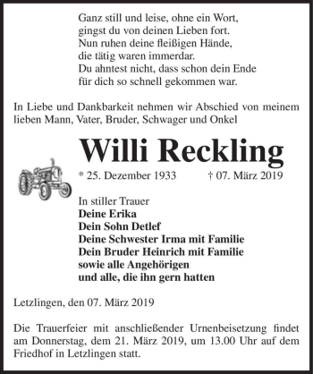Traueranzeige von Willi Reckling  von Magdeburger Volksstimme