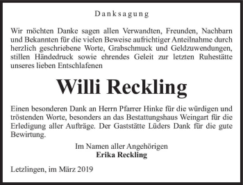 Traueranzeige von Willi Reckling  von Magdeburger Volksstimme