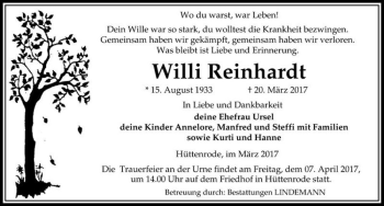 Traueranzeige von Willi Reinhardt  von Magdeburger Volksstimme